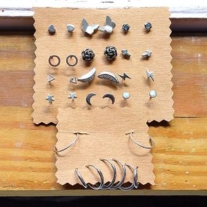 16 set of silver color cartilage lobe ear 12 pairs studs 4 pair of hoop earrings